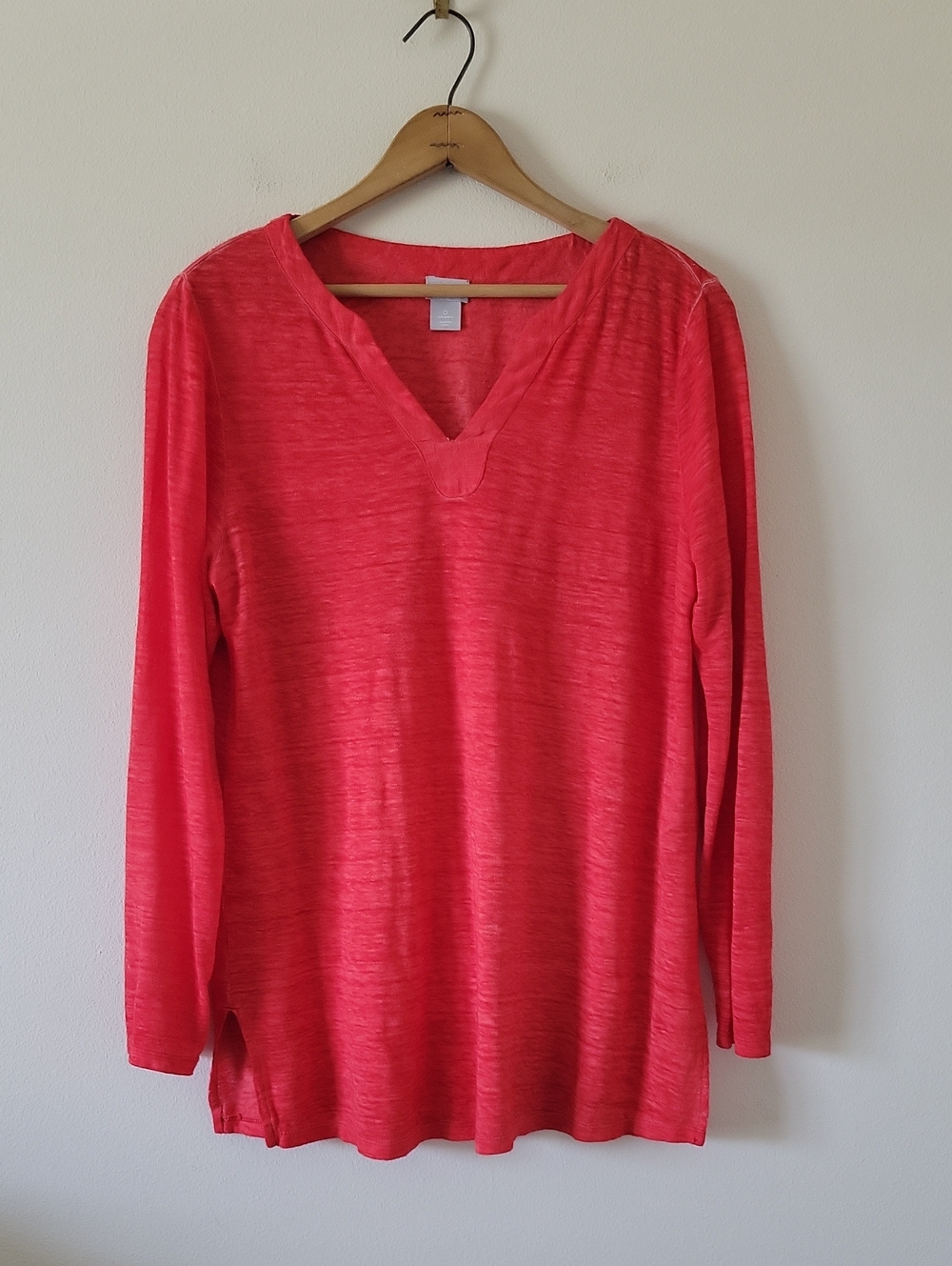 Chico's Red Linen Split Neck Long Sleeve Tunic Tee Size Small